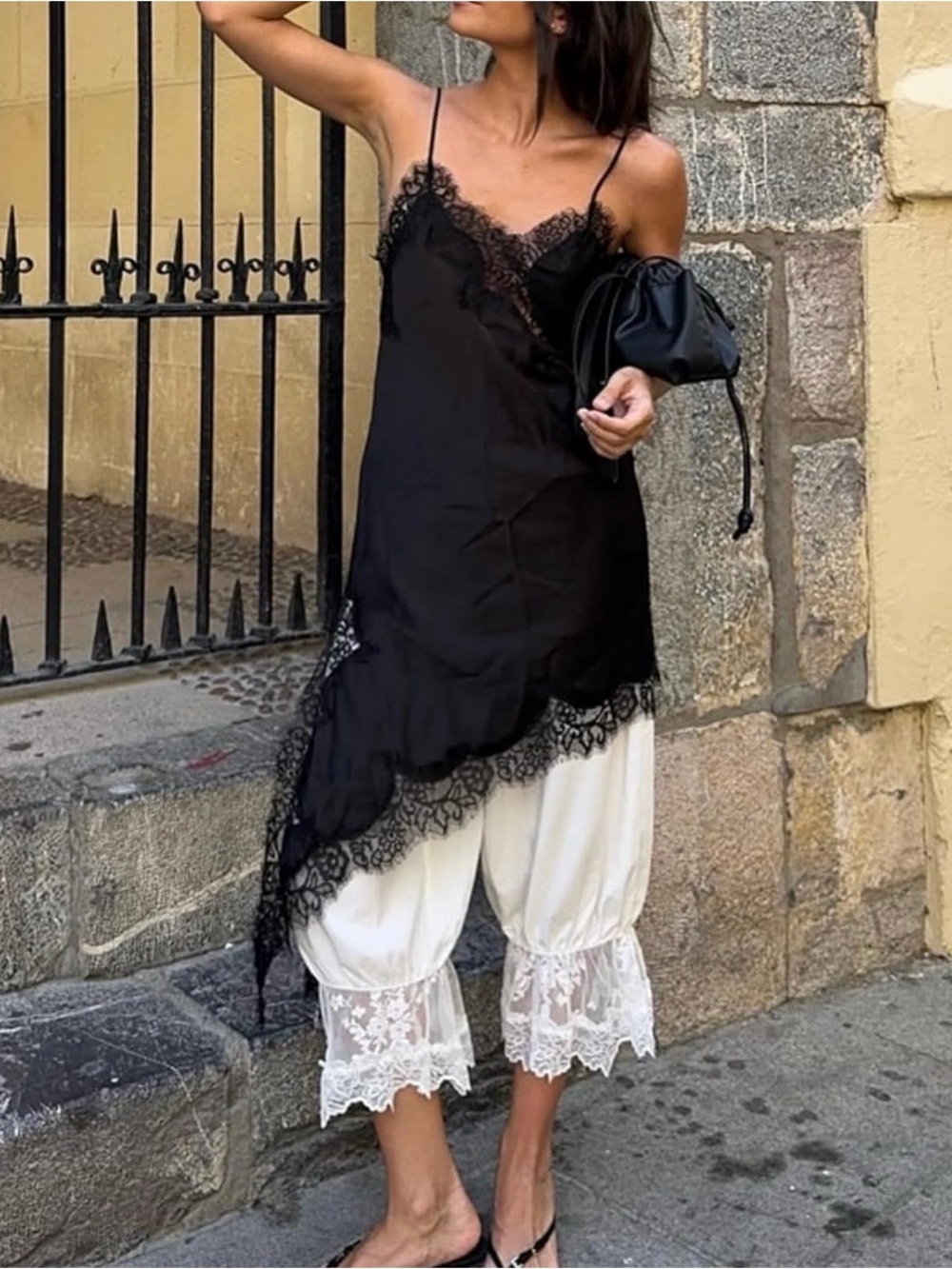Black Lace Slip Dress with Scalloped Hem